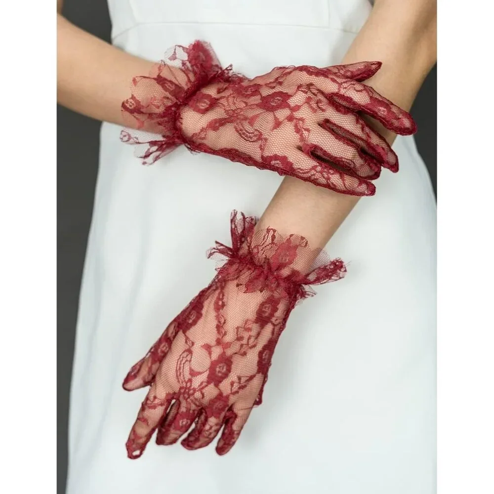 Women's Red Vintage Evening Short Lace Gloves Wedding Party Prom Accessories - Picture 6 of 6